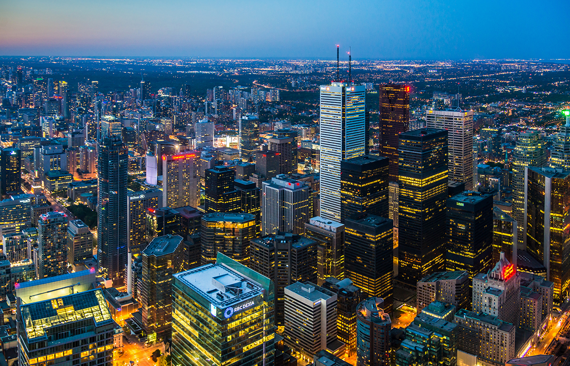 overhead view of downtown with office buildings